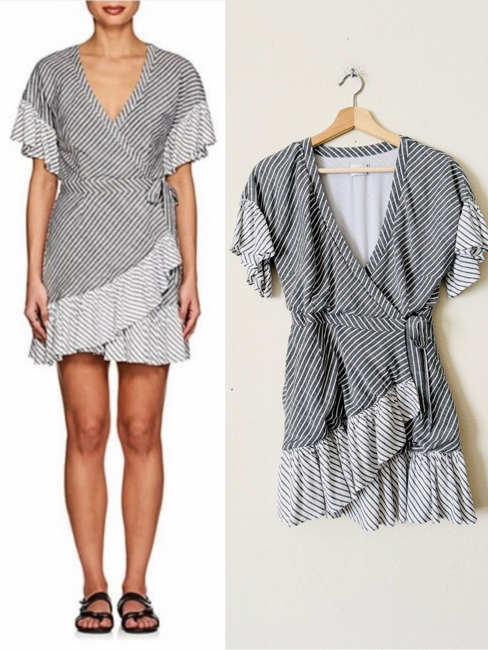 Suboo SIZE 4 Grey White Striped Voile Wrap short sleeve mini dress